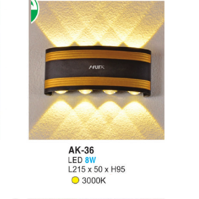 AK - 36: Đèn LED gắn tường ngoài trời - KT: L215mm x W50mm x H95mm - Đèn LED 8W, ánh sáng vàng 3000K