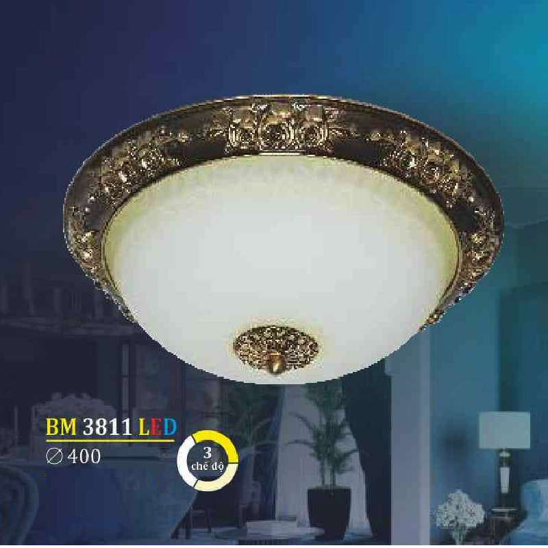 BM 3811 LED: Đèn ốp trần LED, chao thủy tinh - KT: Ø400mm - Đèn LED đổi 3 màu