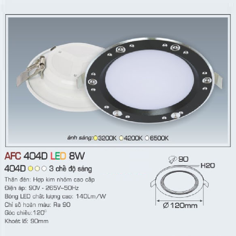 AFC 404D LED 8W: Đèn LED âm trần siêu mỏng viền đen 8W , 1 chế độ ánh sáng (vàng/trung tính/trắng)