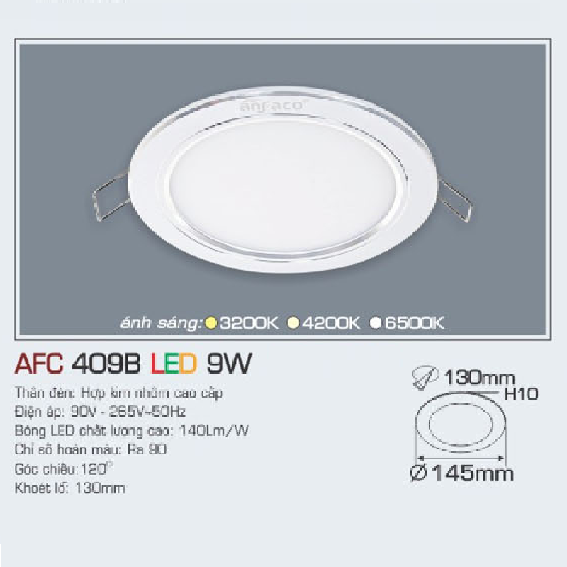 AFC 409B LED 9W: Đèn LED âm trần siêu mỏng viền bạc 9W,  1 chế độ ánh sáng (vàng/trung tính/trắng