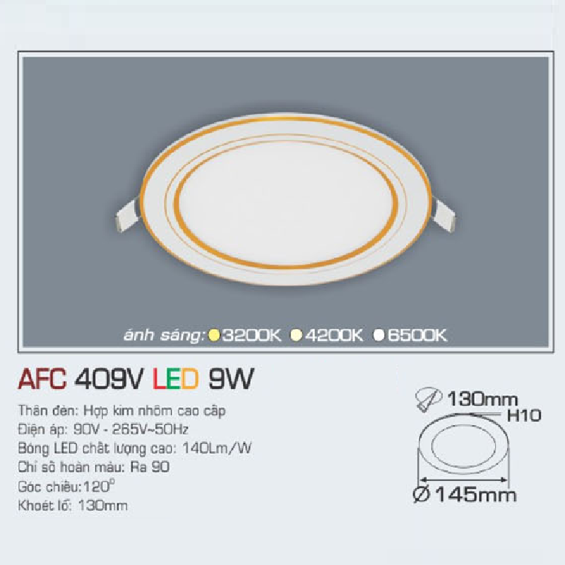 AFC 409V LED 9W: Đèn LED âm trần siêu mỏng viền vàng 9W, 1 chế độ ánh sáng (vàng/trung tính/trắng)