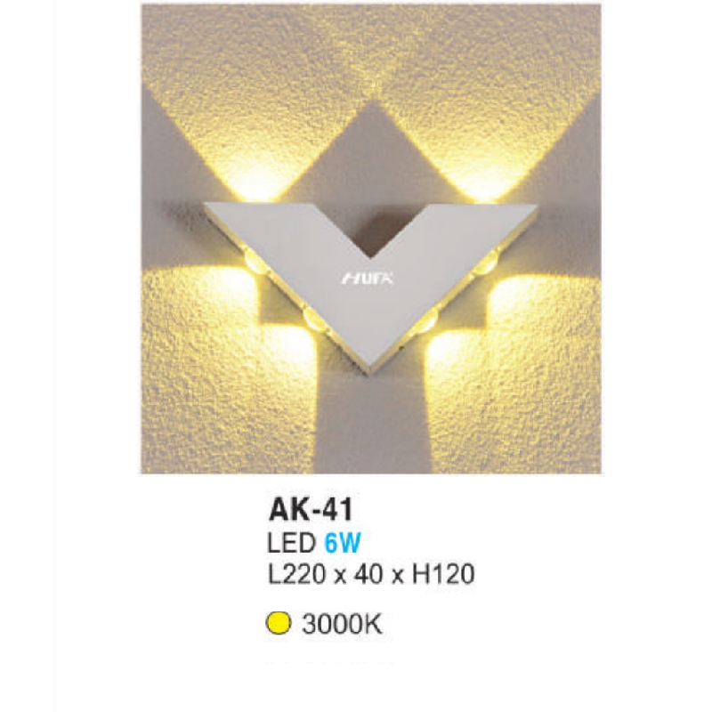 AK - 41: Đèn LED gắn tường ngoài trời - KT: L220mm x W40mm x H120mm - Đèn LED 6W, ánh sáng vàng 3000K