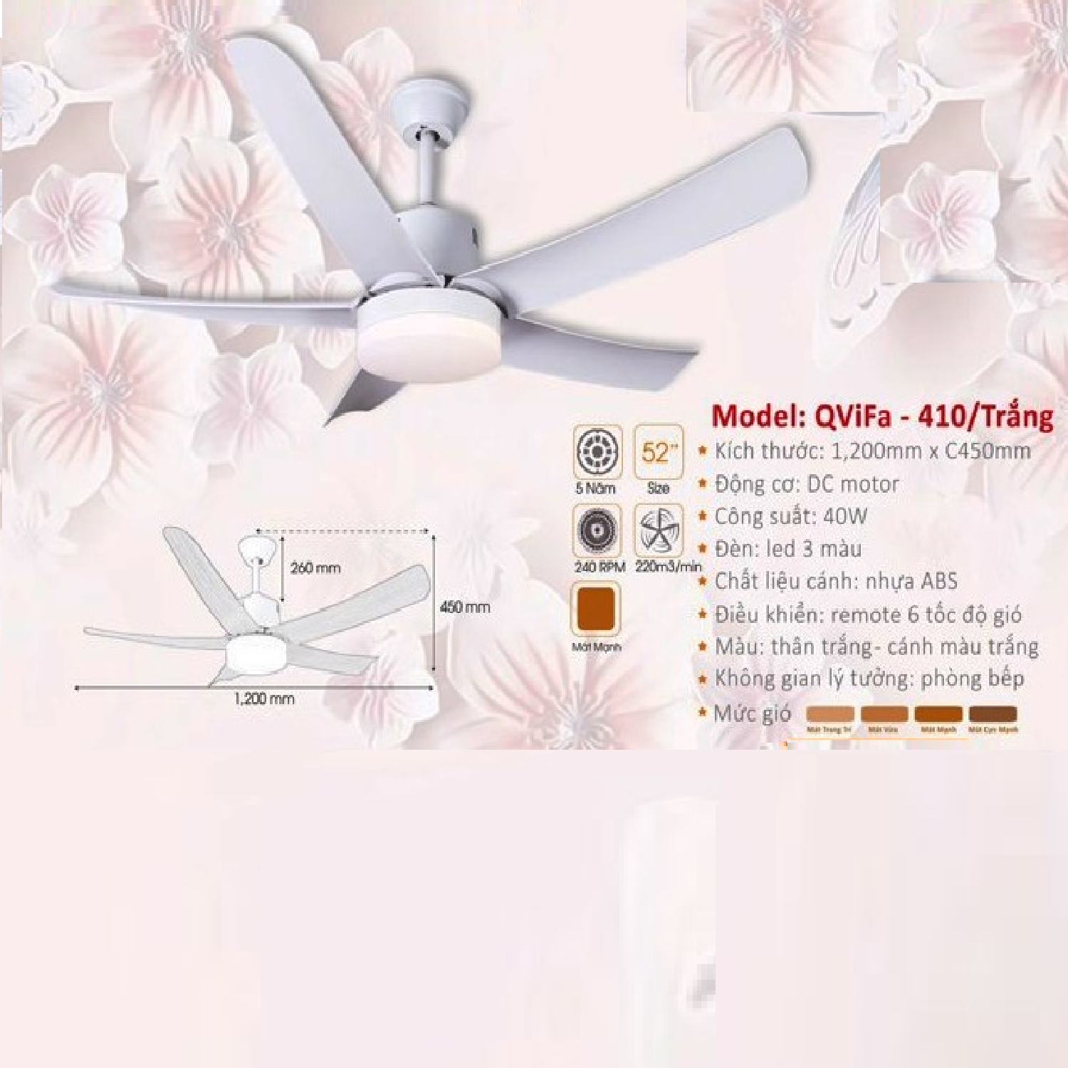 QViFa - 410/Trắng: Quạt trần đèn LED 5 cánh nhựa màu trắng