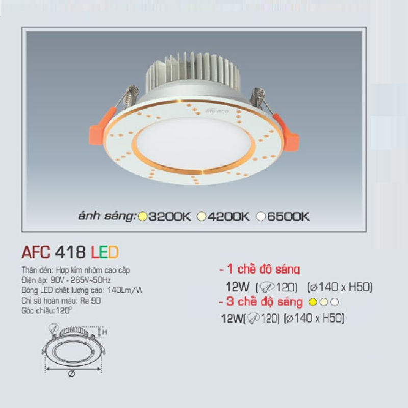 AFC 418 LED 9W: Đèn LED âm trần siêu mỏng hoa văn vàng 9W -  KT: Ø120mm x H50mm - Lổ khoét: Ø100mm - Ánh sáng trắng/vàng/trung tính