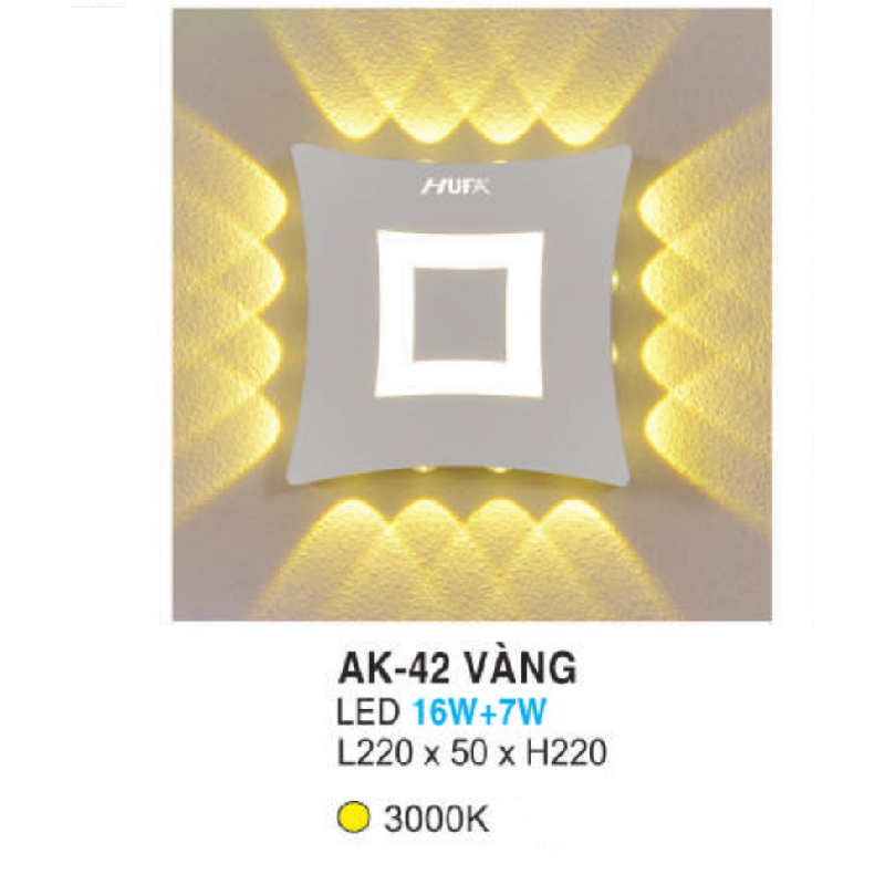 AK - 42 Vàng: Đèn LED gắn tường ngoài trời - KT: L220mm x W50mm x H220mm - Đèn LED 16W + 7W, ánh sáng vàng 3000K