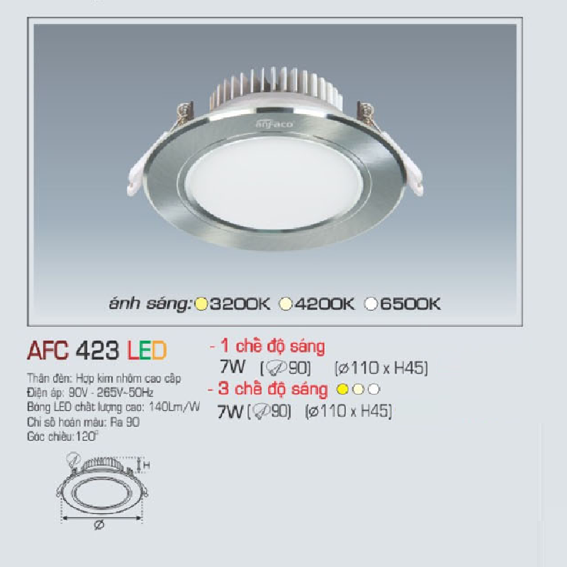 AFC 423 LED 7W: Đèn LED âm trần siêu mỏng 7W, 1 chế độ ánh sáng (vàng/trung tính/trắng)