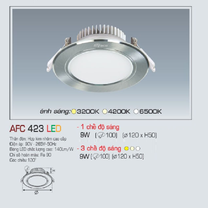 AFC 423 LED 9W: Đèn LED âm trần siêu mỏng 9W, 1 chế độ ánh sáng (vàng/trung tính/trắng)