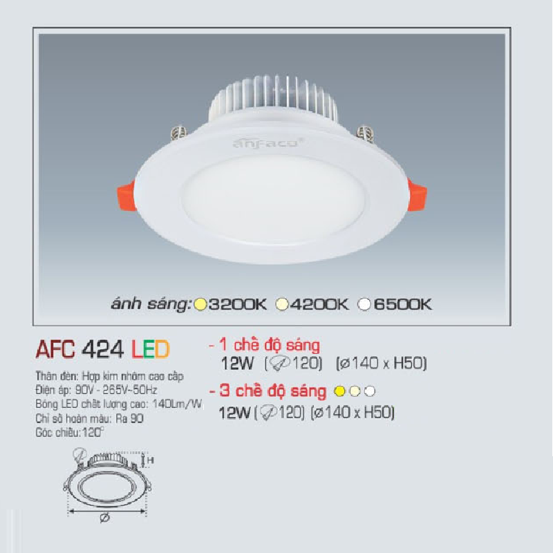 AFC 424 LED 12W: Đèn LED âm trần 12W, 1 chế độ ánh sáng(vàng/trung tính/trắng)