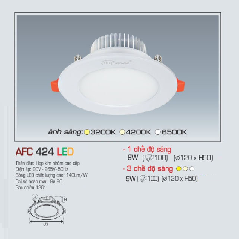 AFC 424 LED 9W: Đèn LED âm trần 9W, 1 chế độ ánh sáng(vàng/trung tính/trắng)