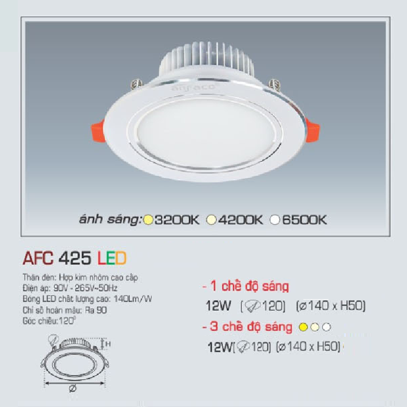 AFC 425 LED 12W: Đèn LED âm trần siêu viền bạc 12W, 1 chế độ ánh sáng (vàng/trung tính/trắng)