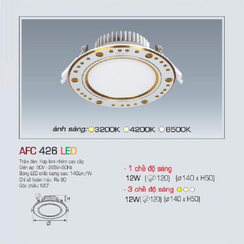 AFC 426 LED 12W: Đèn LED âm trần siêu mỏng hoa văn vàng 12W, 1 chế độ ánh sáng ( vàng/trung tính/trắng)