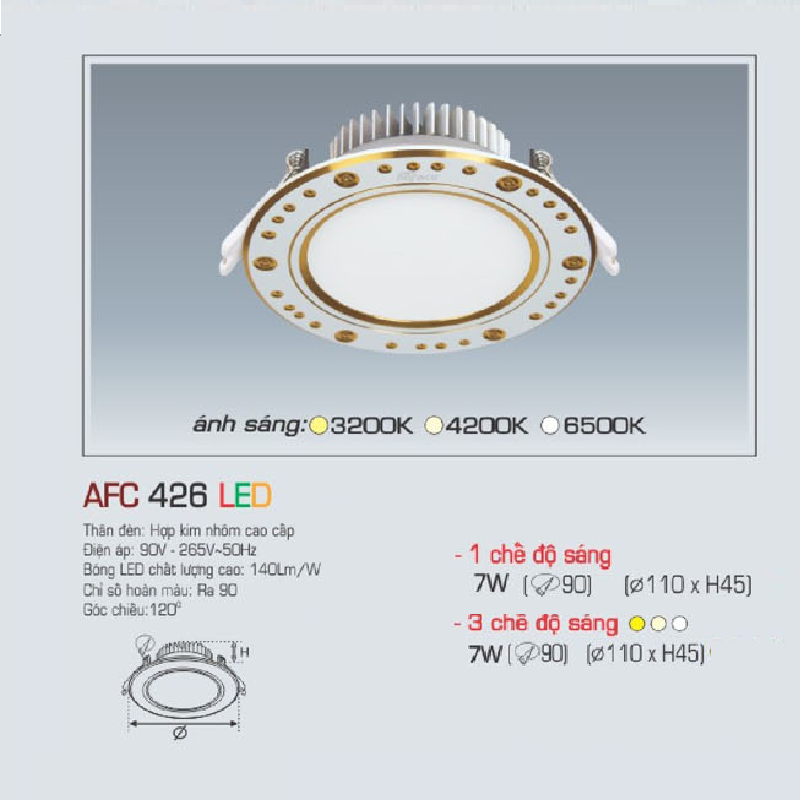 AFC 426 LED 7W: Đèn LED âm trần siêu mỏng hoa văn vàng 7W,  1 chế độ ánh sáng (vàng/trung tính/trắng)