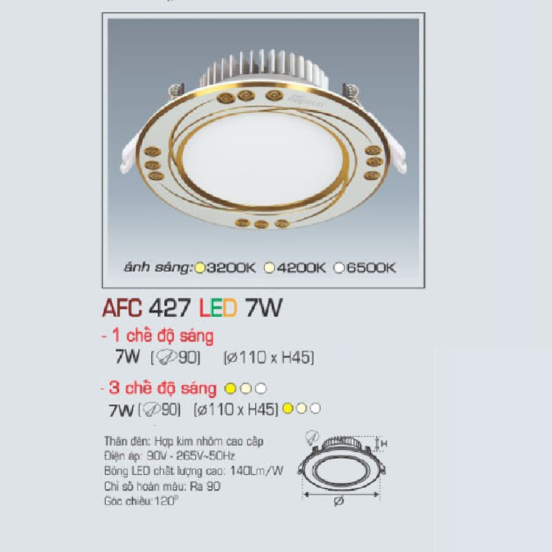 AFC 427 LED 7W: Đèn LED âm trần siêu mỏng hoa văn vàng 7W, 1 chế độ ánh sáng (vàng/trung tính/trắng)