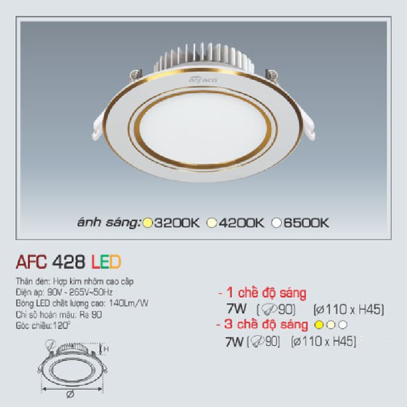 AFC 428 LED 7W: Đèn LED âm trần viền vàng 7W, 1 chế độ ánh sáng (vàng/trung tính/trắng)