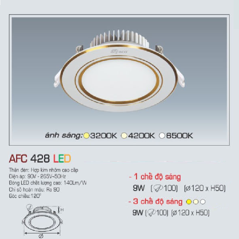 AFC 428 LED 9W: Đèn LED âm trần 9W viền vàng - KT: Ø120mm x H50mm - Lổ khoét: Ø100mm - Ánh sáng trắng/vàng/trung tính