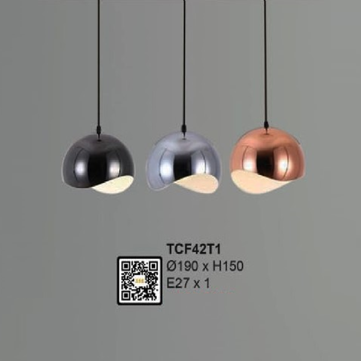 35 - TFC42T1: Đèn thả đơn ( Hồng/bạc/Đen) - KT: Ø190mm x H150mm - Bóng đèn E27 x 1 bóng