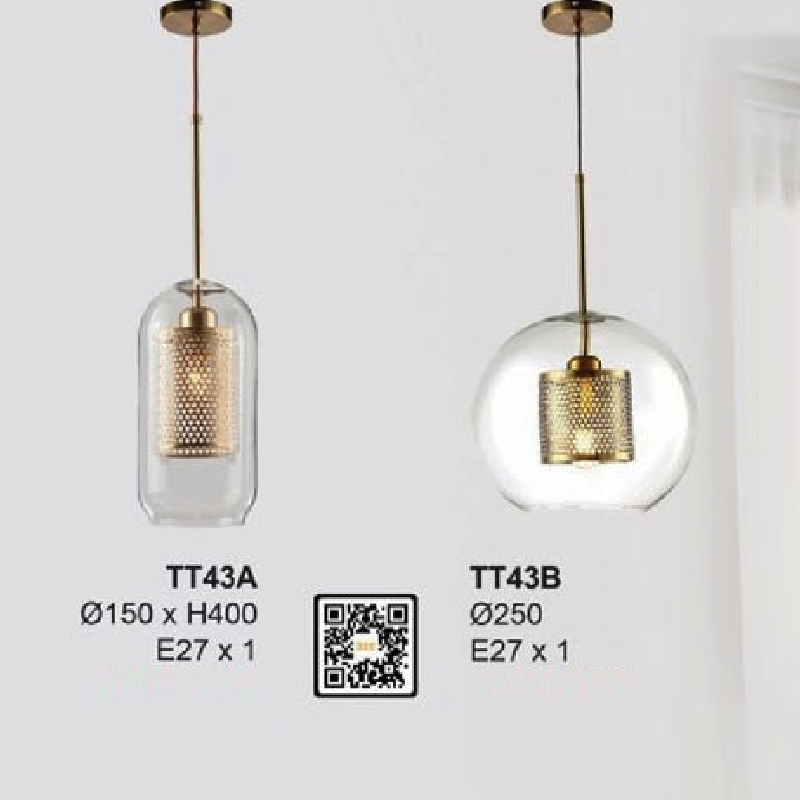 35 - TT43: Đèn thả đơn ( Mẫu A/Mẫu B), chao thủy tinh - KT: Ø150mm x H400mm ( mẫu B: Ø250mm ) - Bóng đèn E27 x 1 bóng