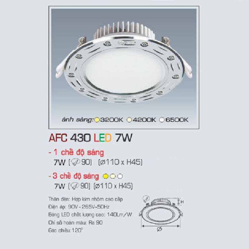 AFC 428 LED 7W: Đèn LED âm trần 7W viền hoa văn - KT: Ø110mm x H45mm - Lổ khoét: Ø90mm - Ánh sáng trắng/vàng/trung tính