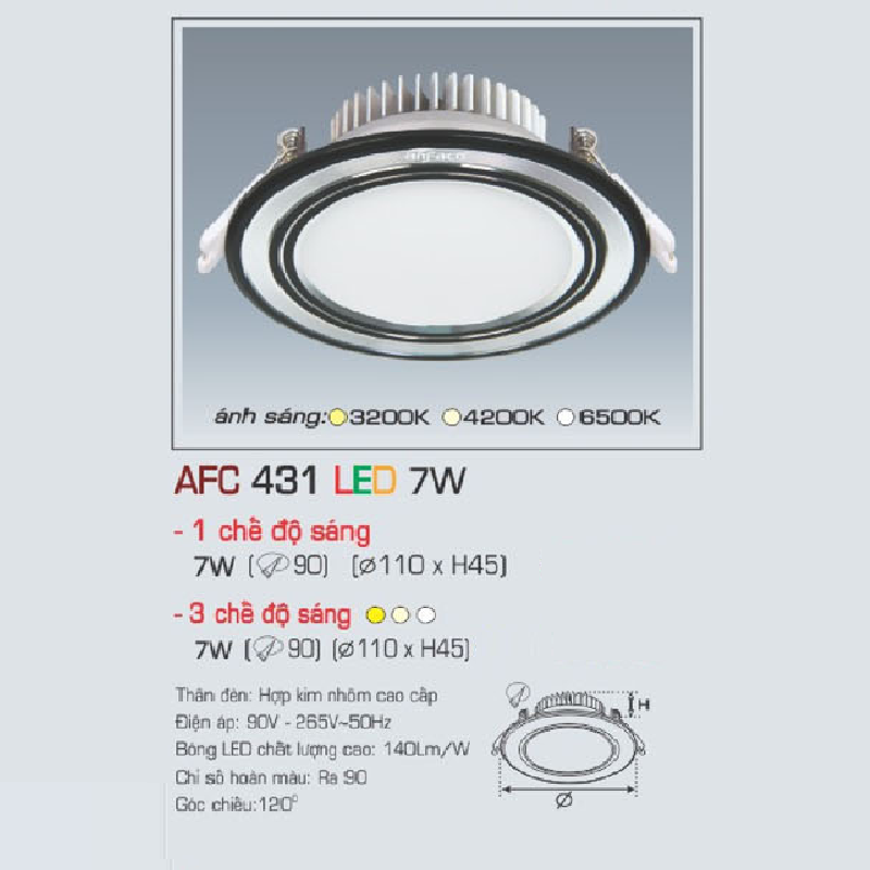 AFC 431 LED 7W: Đèn LED âm trần viền đen 7W, 1 chế độ ánh sáng ( vàng/trung tính/trắng)