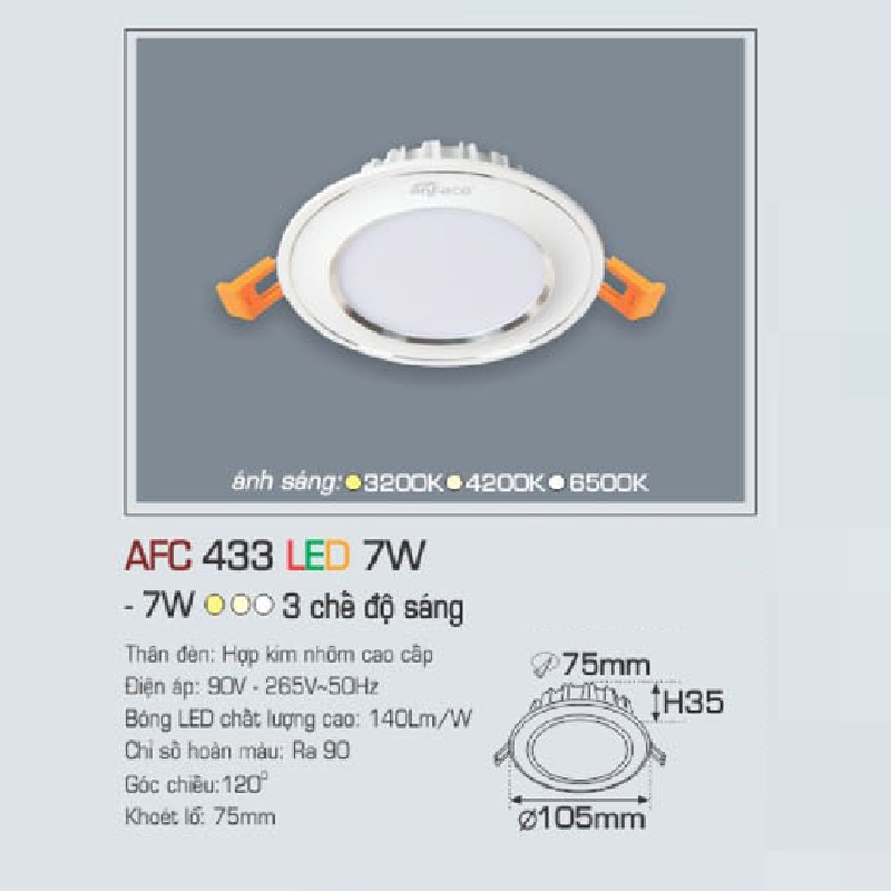 AFC 433 LED 7W: Đèn LED âm trần viền bạc 7W, 1 chế độ ánh sáng(vàng/trung tính/trắng)