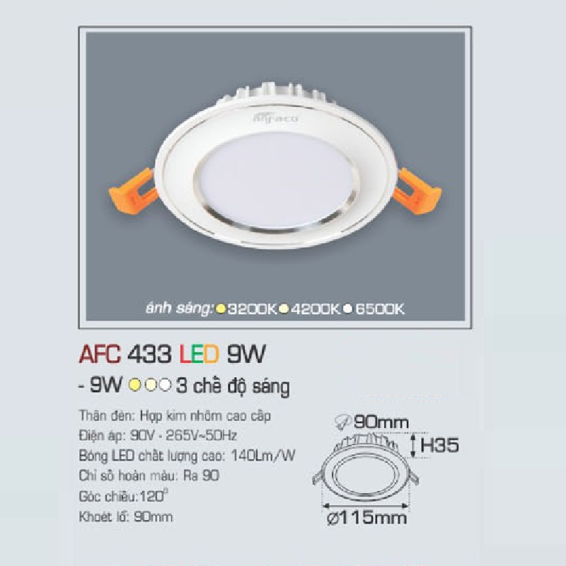 AFC 433 LED 9W: Đèn LED âm trần viền bạc 9W, 1 chế độ ánh sáng (vàng/trung tính/trắng)