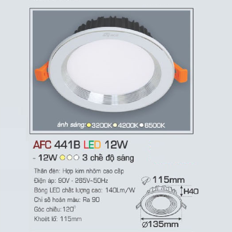 AFC 441B LED 9W: Đèn LED âm trần viền bạc 9W đổi màu - KT: Ø115mm x H35mm - Lổ khoét: Ø85mm - Ánh sáng đổi 3 màu trắng/vàng/trung tính