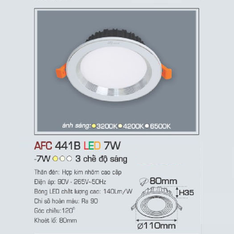 AFC 441B LED 7W: Đèn LED âm trần viền bạc 7W, 1 chế độ ánh sáng (vàng/trung tính/trắng)