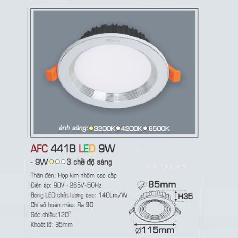 AFC 441B LED 9W: Đèn LED âm trần viền bạc 9W,  1 chế độ ánh sáng (vàng/trung tính/trắng)