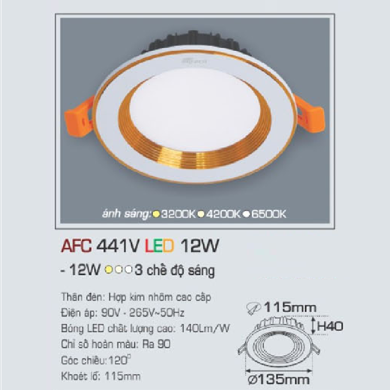 AFC 441V LED 12W: Đèn LED âm trần viền vàng 12W, 1 chế độ ánh sáng (vàng/trung tính/trắng)