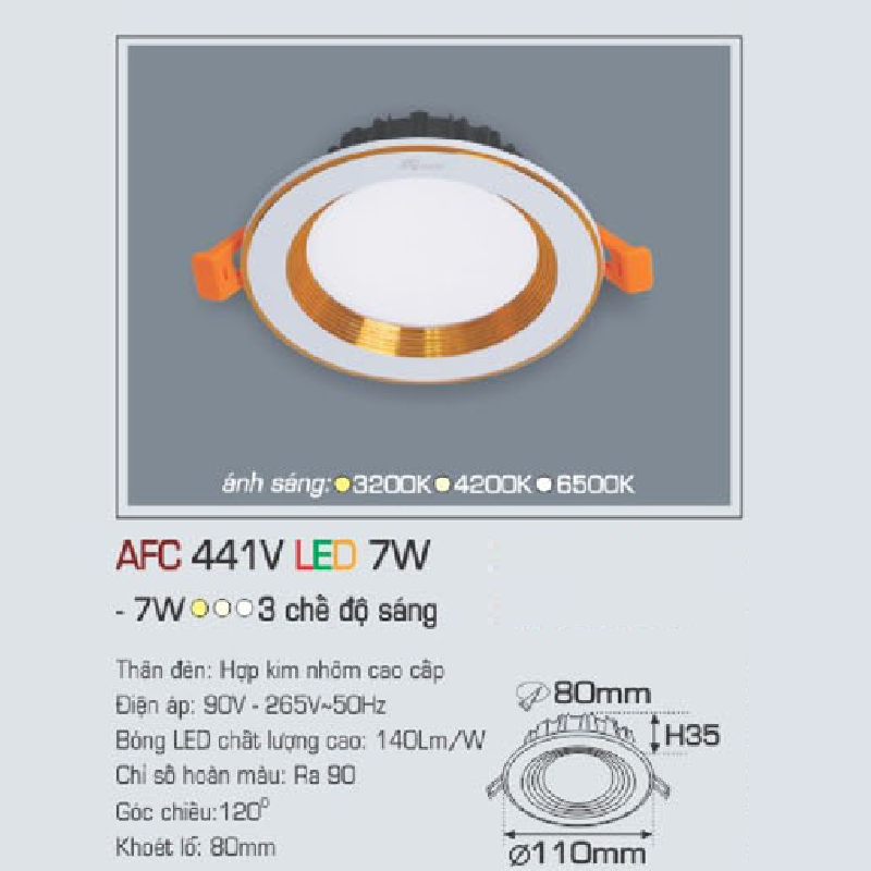 AFC 441V LED 7W: Đèn LED âm trần viền vàng 7W , 1 chế độ ánh sáng (vàng/trung tính/trắng)