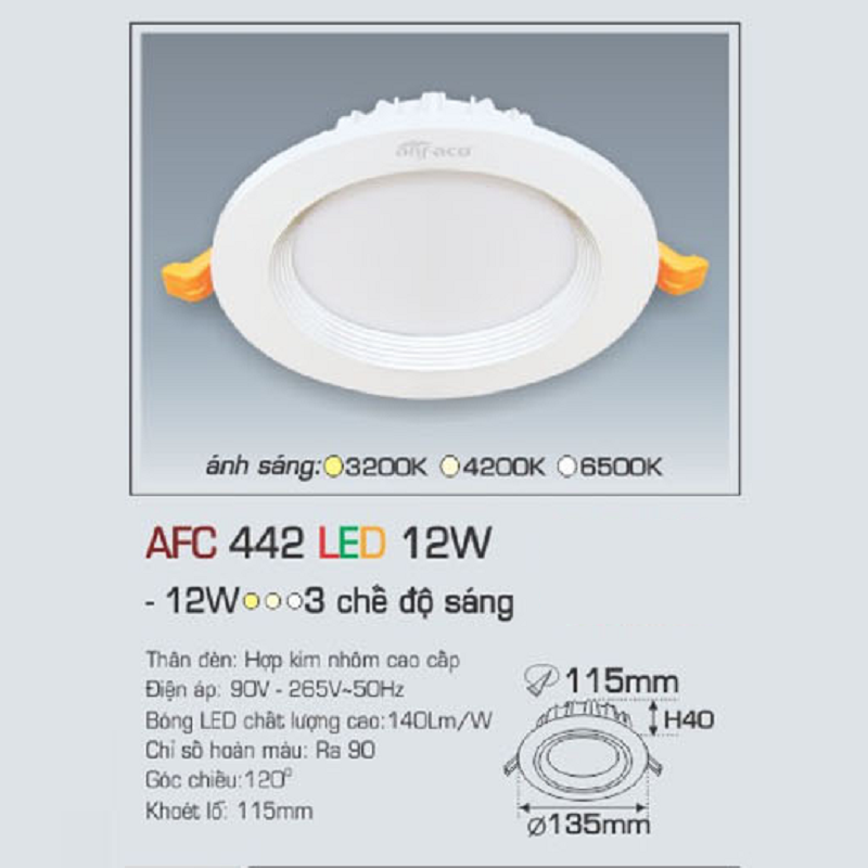 AFC 442 LED 12W: Đèn LED âm trần 12W,  1 chế độ ánh sáng (vàng/trung tính/trắng)