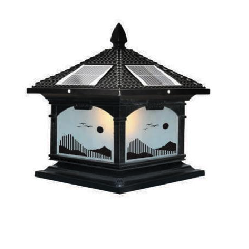 SOLAR - 456E: Đèn gắn đầu trụ NLMT - KT: Mái: 400mm - Đế: 380mm x H420mm - Đèn LED 7W đổi 3 màu + Đèn E27 x 1