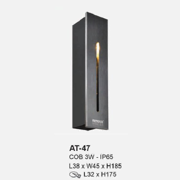 AT - 47: Đèn LED âm tường/âm bậc cầu thang - IP 65 - KT: L38mm x W45mm x H185mm - Lổ khoét: L32mm x H175mm - Đèn LED COB 3W