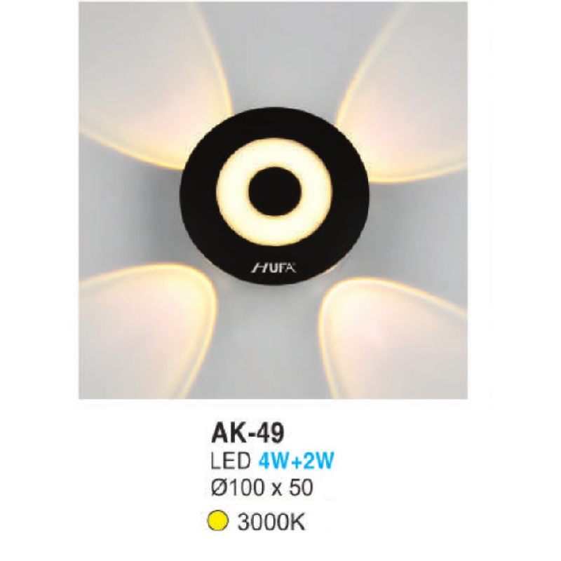 AK - 49: Đèn LED gắn tường ngoài trời - KT: Ø100mm x H50mm - Đèn LED 4W + 2W, ánh sáng vàng 3000K