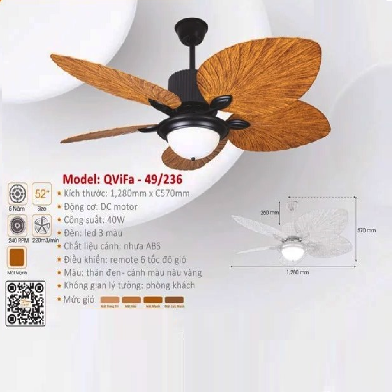 QViFa - 49/236: Quạt trần đèn 35 cánh nhựa hình lá cọ