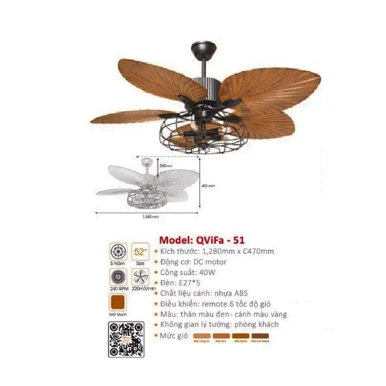 QViFa - 51: Quạt trần đèn 5 cánh nhựa