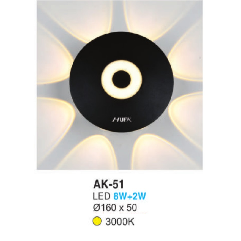 AK - 51: Đèn LED gắn tường ngoài trời - KT: Ø160mm x H50mm - Đèn LED 8W + 2W, ánh sáng vàng 3000K