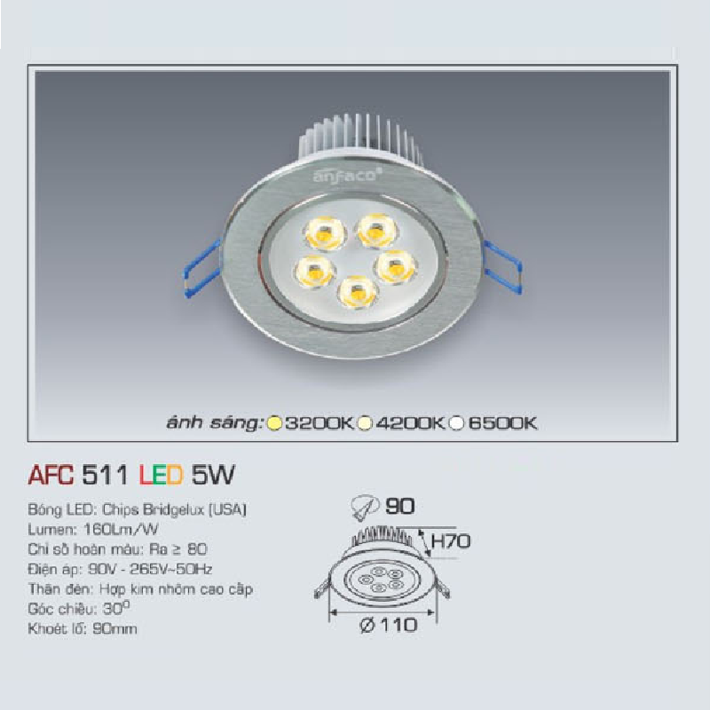 AFC 511 LED 5W: Đèn LED âm trần 5W,  1 chế độ ánh sáng (vàng / trung tính/trắng)