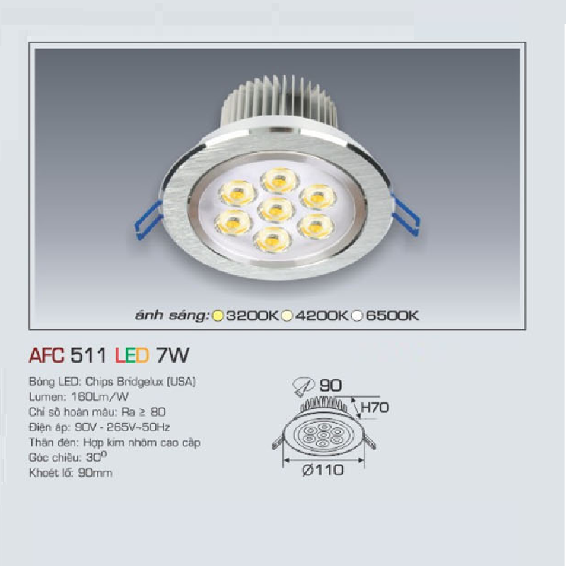 AFC 511 LED 7W: Đèn LED âm trần 7W, 1 chế độ ánh sáng (vàng / trung tính/trắng)