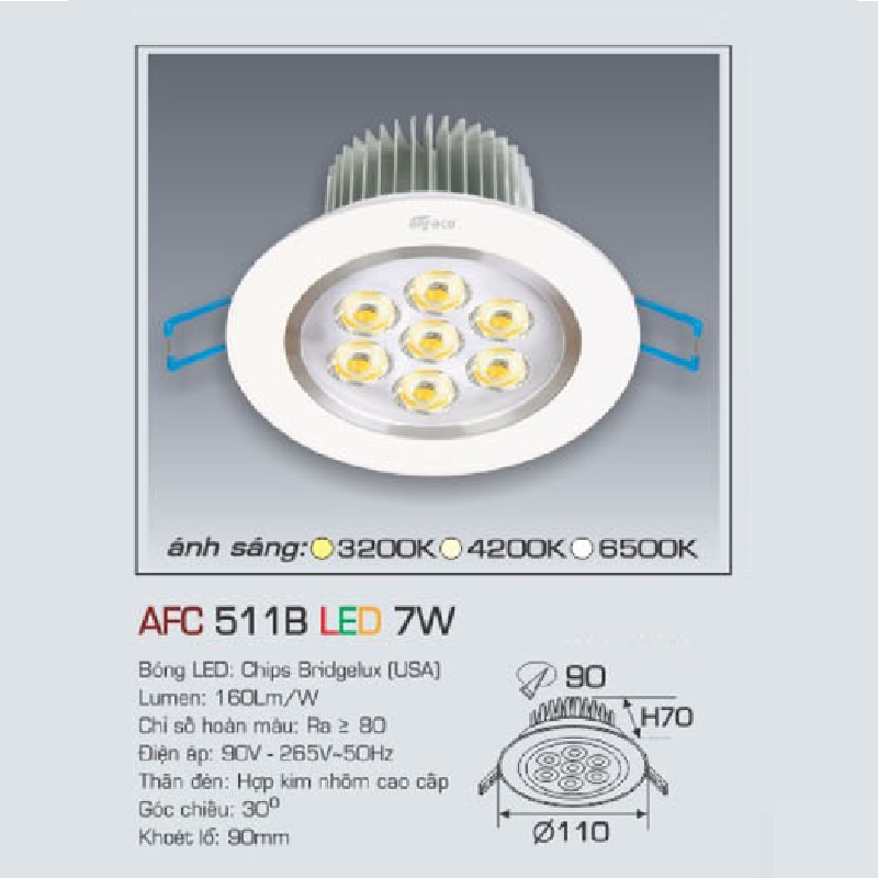 AFC 511B LED 7W: Đèn LED âm trần 7W, 1 chế độ ánh sáng (vàng / trung tính/trắng)