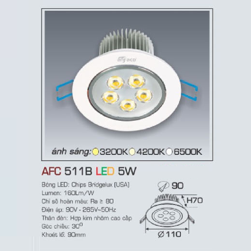 AFC 511B LED 5W: Đèn LED âm trần 5W, 1 chế độ ánh sáng (vàng / trung tính/trắng)