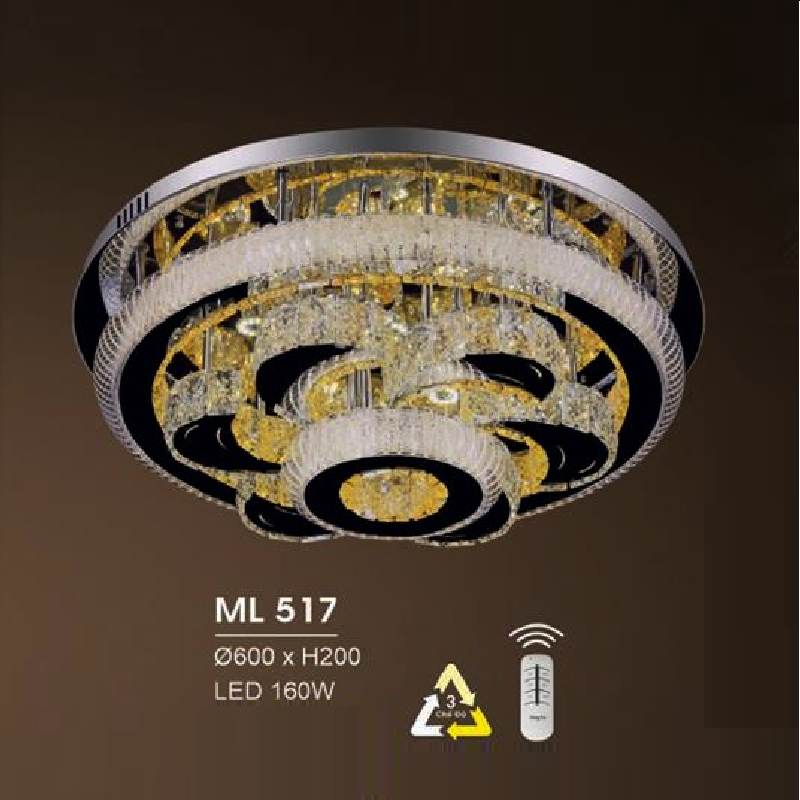 HF - ML 517: Đèn áp trần LED - KT: Ø600mm x H200mm - Đèn LED 160W đổi 3 màu - Remote