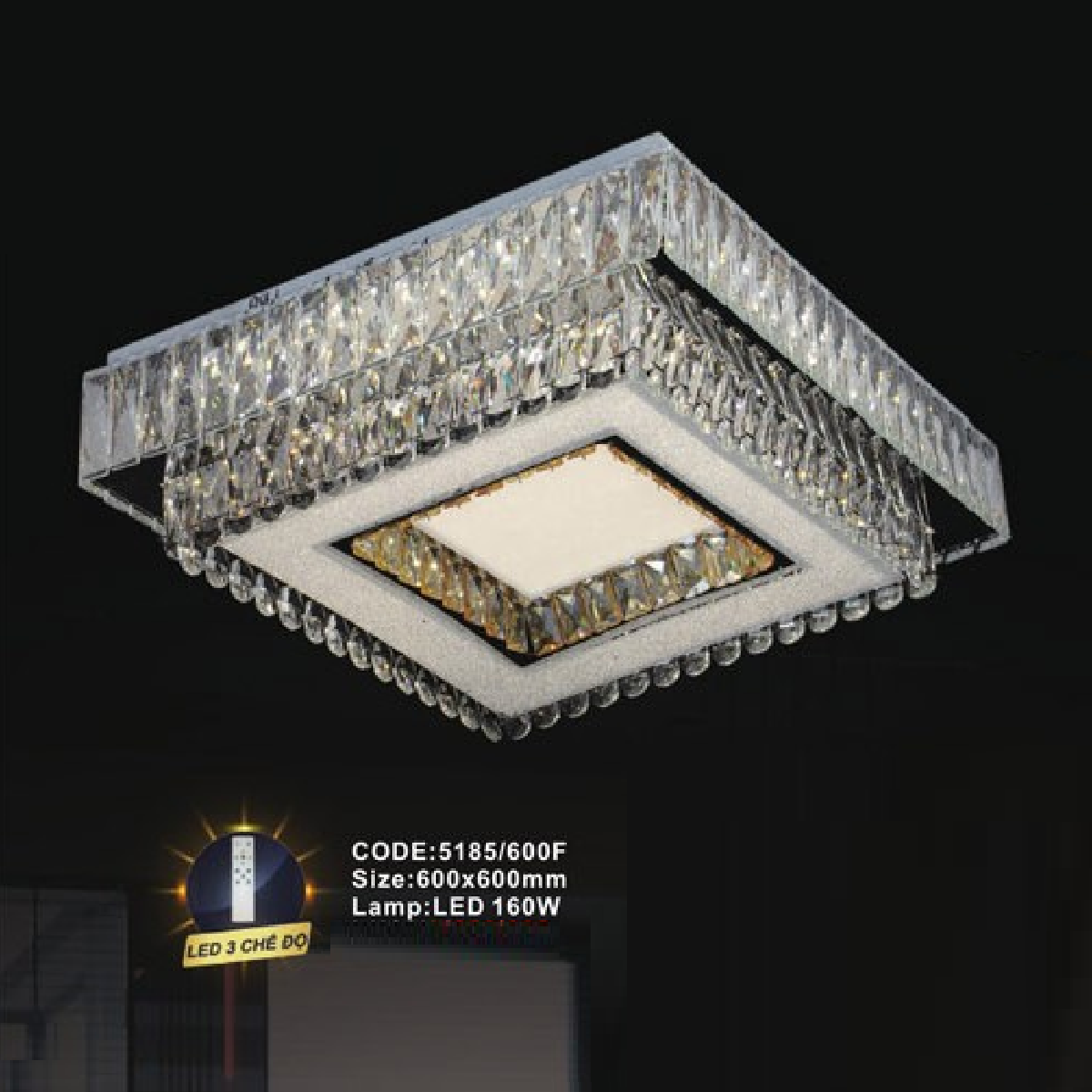 CODE: 5185/600F: Đèn áp trần vuông  LED - KT: L600mm x W600mm - Đèn LED 160W ánh sáng đổi màu
