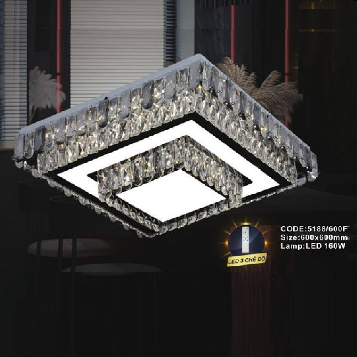 CODE: 5188/600F: Đèn áp trần vuông LED - KT: L600mm x W600mm - Đèn LED 160W, ánh sáng đổi 3 màu