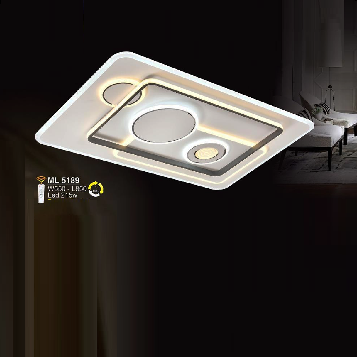 SN - ML 5189: Đèn áp trần LED Mica chữ nhật - KT: L850mm x W550mm - Đèn LED 215W - Ánh sáng đổi 3 màu - Remote