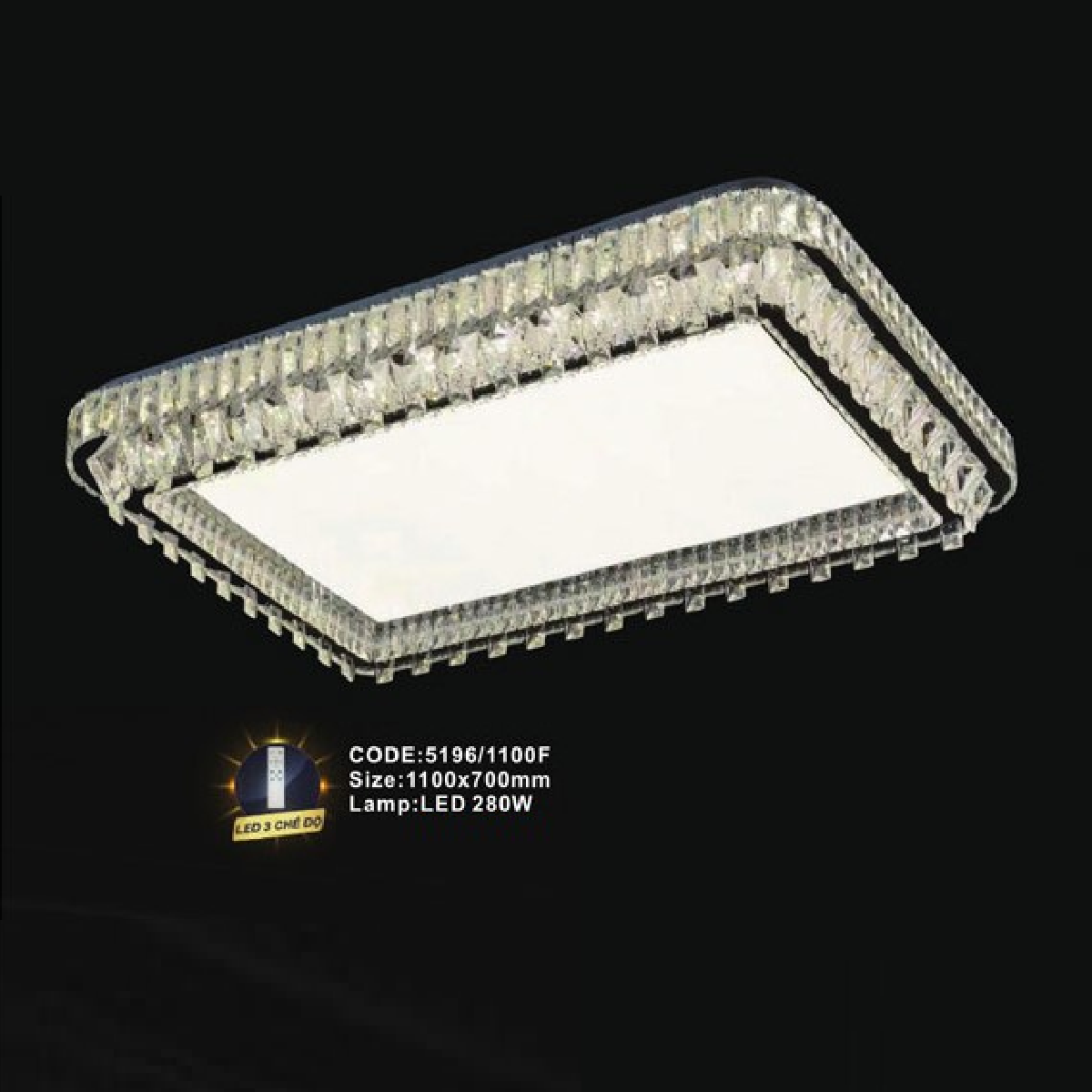 CODE: 5196/1100F: Đèn áp trần chữ nhật LED - KT: L1100mm x W700mm - Đèn LED 280W ánh sáng đổi màu