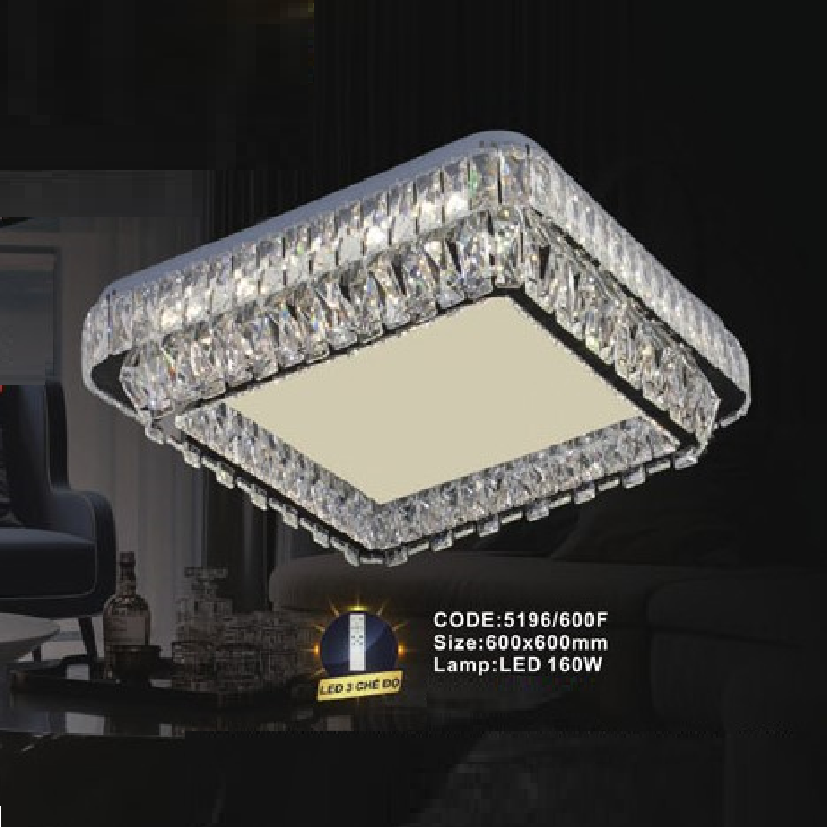 CODE: 5196/600F: Đèn áp trần vuông LED - KT: L600mm x W600mm - Đèn LED 160W ánh sáng đổi màu