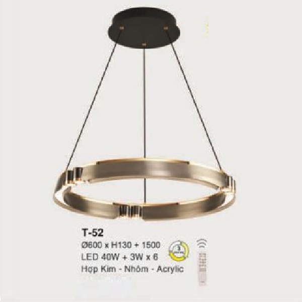 E - T - 52: Đèn thả 1 vòng LED - KT: Ø600mm x H130mm x H1500mm - Đèn LED 40W + 3W x 6 bóng - Ánh sáng đổi 3 màu