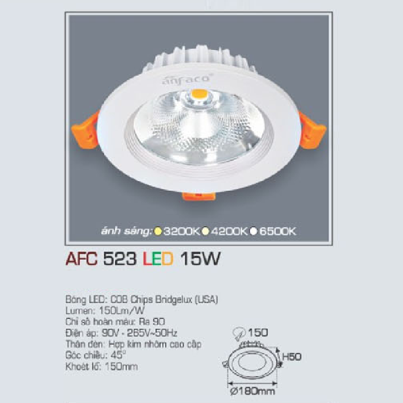 AFC 523 LED 15W: Đèn LED chiếu điểm âm trần 15W, 1 chế độ ánh sáng vàng/trung tính/trắng