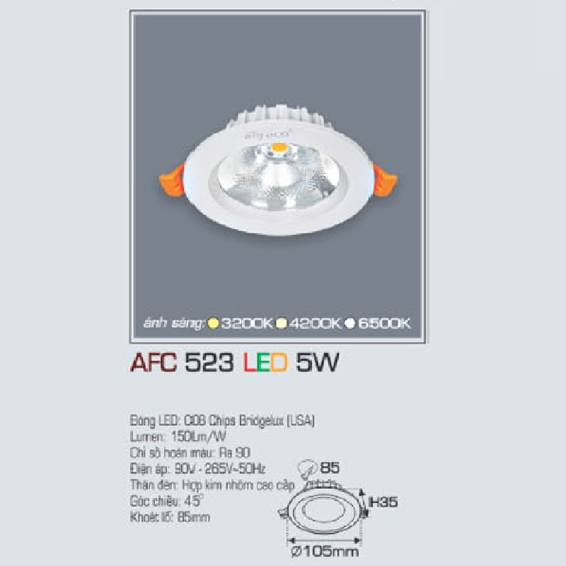 AFC 523 LED 5W: Đèn LED chiếu điểm âm trần 5W 1 chế độ ánh sáng (vàng/trung tính/trắng)